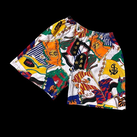 Vintage 90s Unisex Shorts Nautical Flag Elastic Waist USA Cotton Red Blue White - Picture 1 of 6